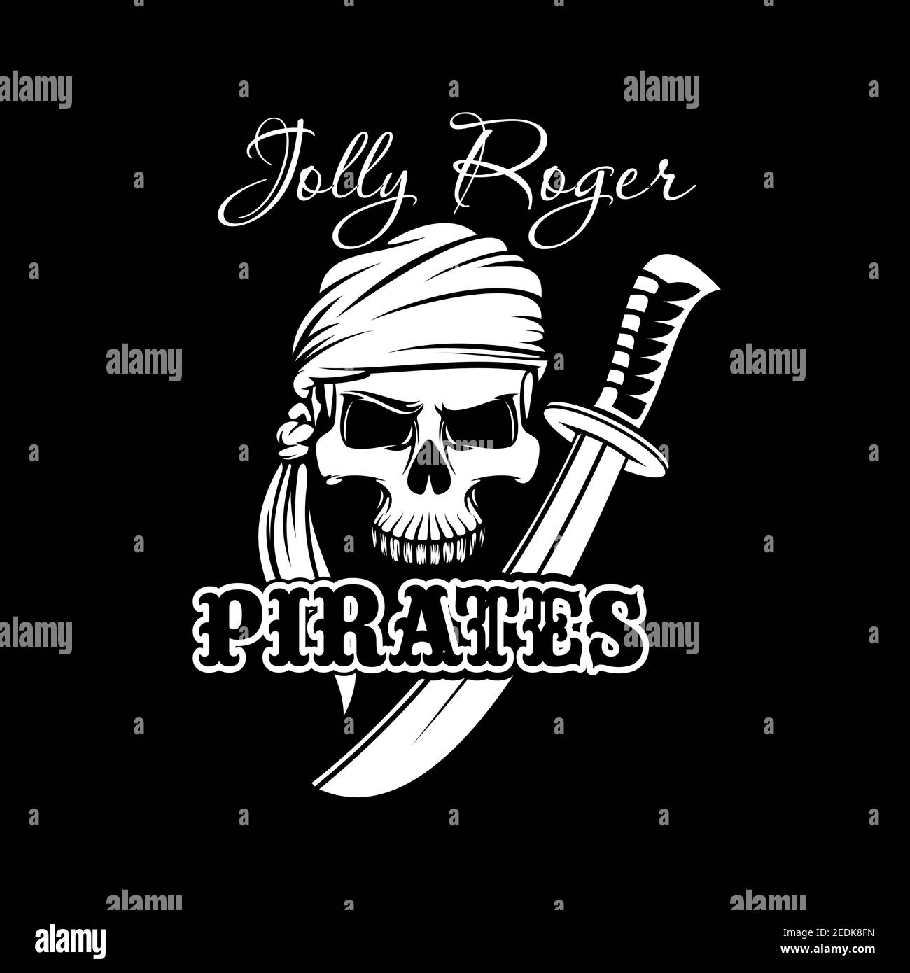 Pirate skull in bandana with sword. Jolly Roger sign of pirates flag