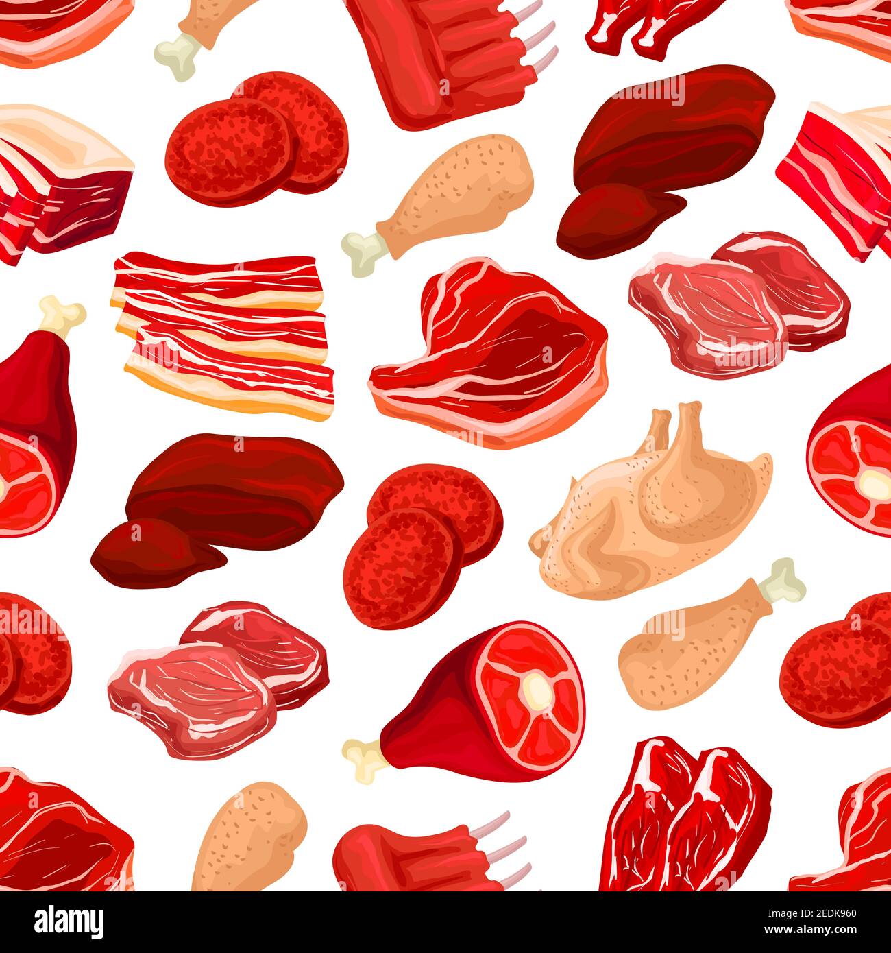 Meat cuts seamless pattern background. Fresh pork chop, beef ribs,  tenderloin, bacon, ham, burger patty, chicken, turkey leg and ham roast.  Food backg Stock Vector Image & Art - Alamy