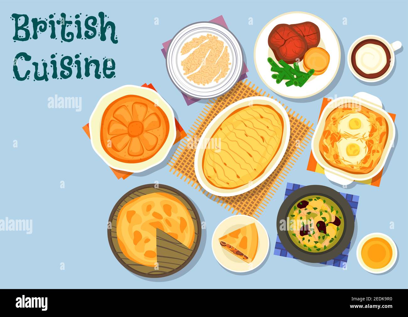 British cuisine lunch menu icon with lamb vegetable soup, roast beef with yorkshire pudding, beef kidney pie, potato cabbage casserole with eggs, milk Stock Vector