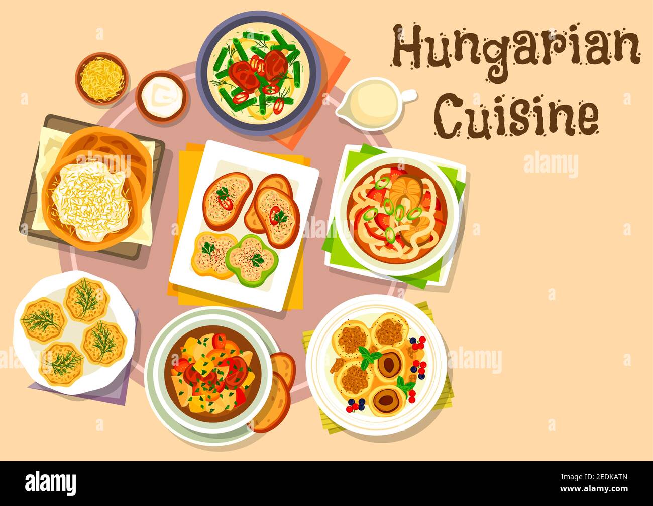 Hungarian national cuisine icon of pepper with garlic cheese spread, vegetable beef soup, pork bean stew, flatbread with sour cream, fish noodle soup, Stock Vector