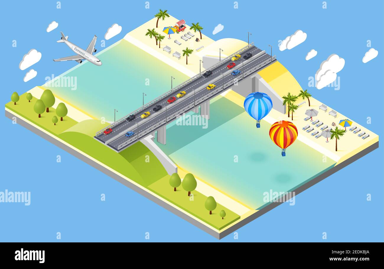 Bridge and beach resort isometric composition with plane and cars isometric vector illustration Stock Vector