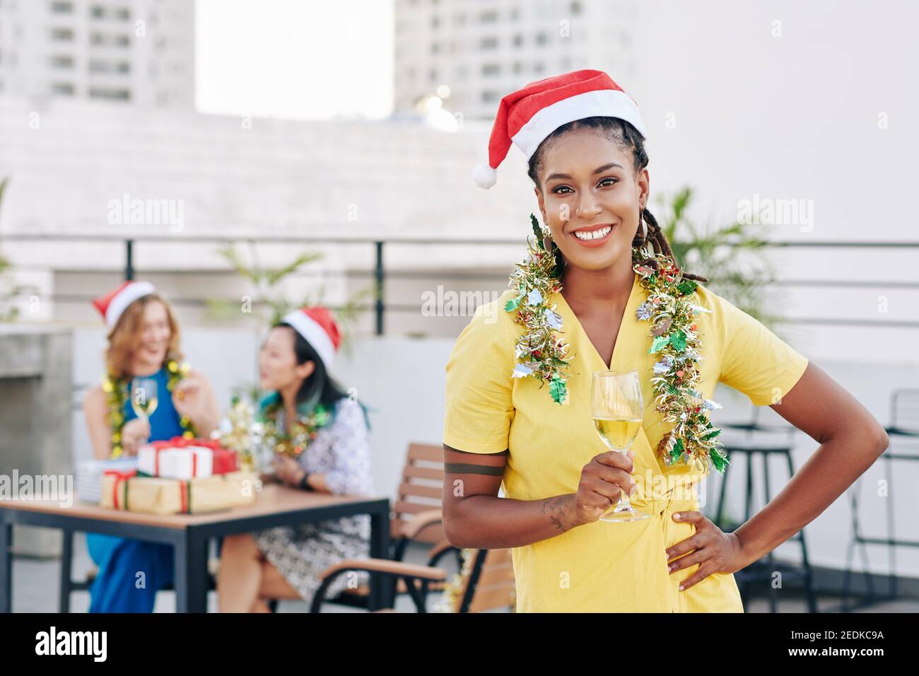 Celebrating Christmas with female friends Stock Photo
