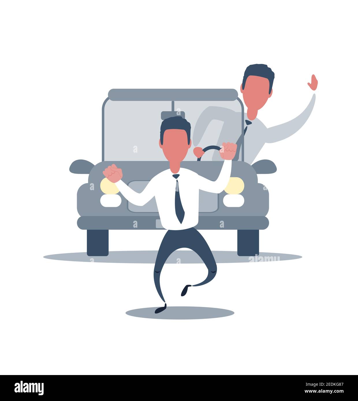 Car driver emergency brakes in front of pedestrian on road. Pedestrian crosses the road in the wrong place. Dangerous situation, traffic violation Stock Vector