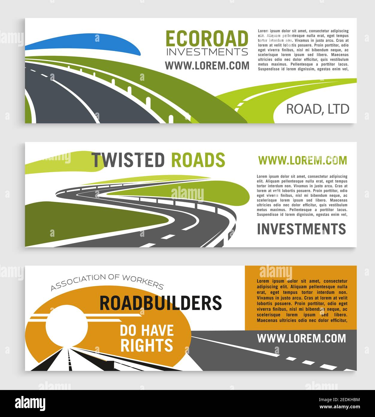 Roads and highways vector banners with motorway lane and expressway drive. Set for transportation route repair service, eco road construction and buil Stock Vector