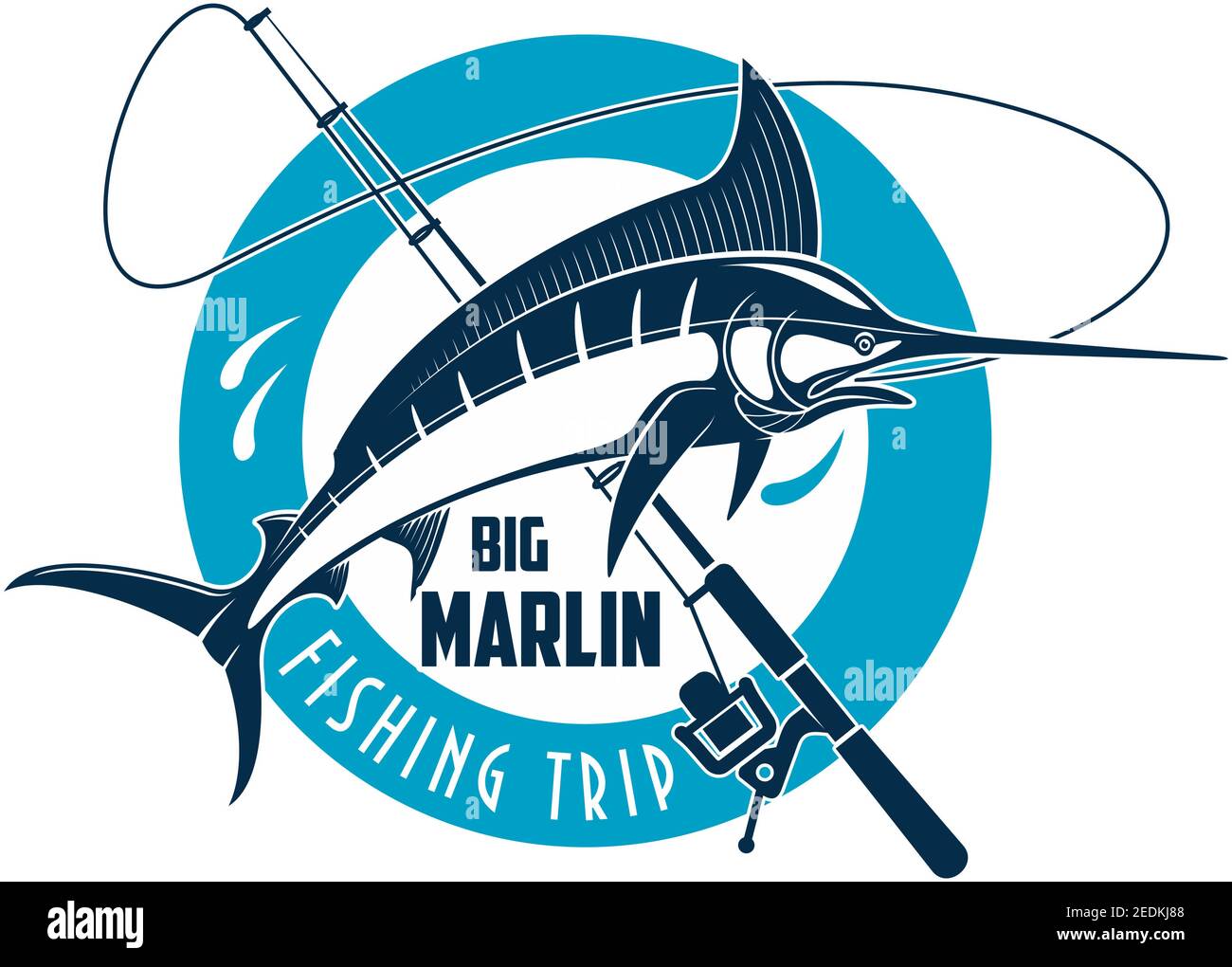 Marlin fishing sport emblem. Marlin fish on a spinning rod round