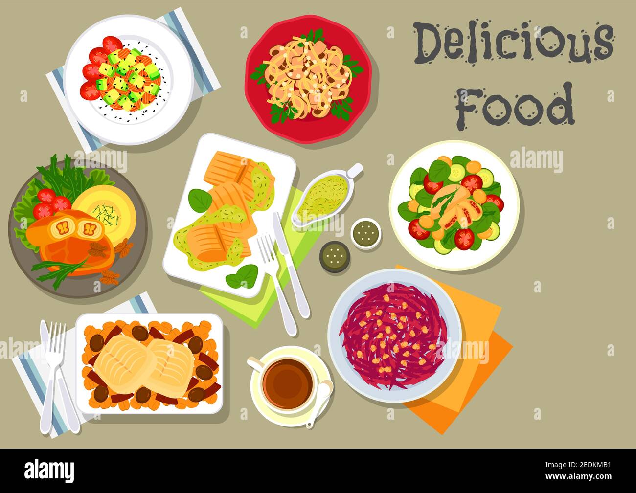 Vegetable, meat and fish salads menu icon of baked fish in cream sauce, mushroom and beet salads, cod with olive and pepper, salmon avocado salad, chi Stock Vector