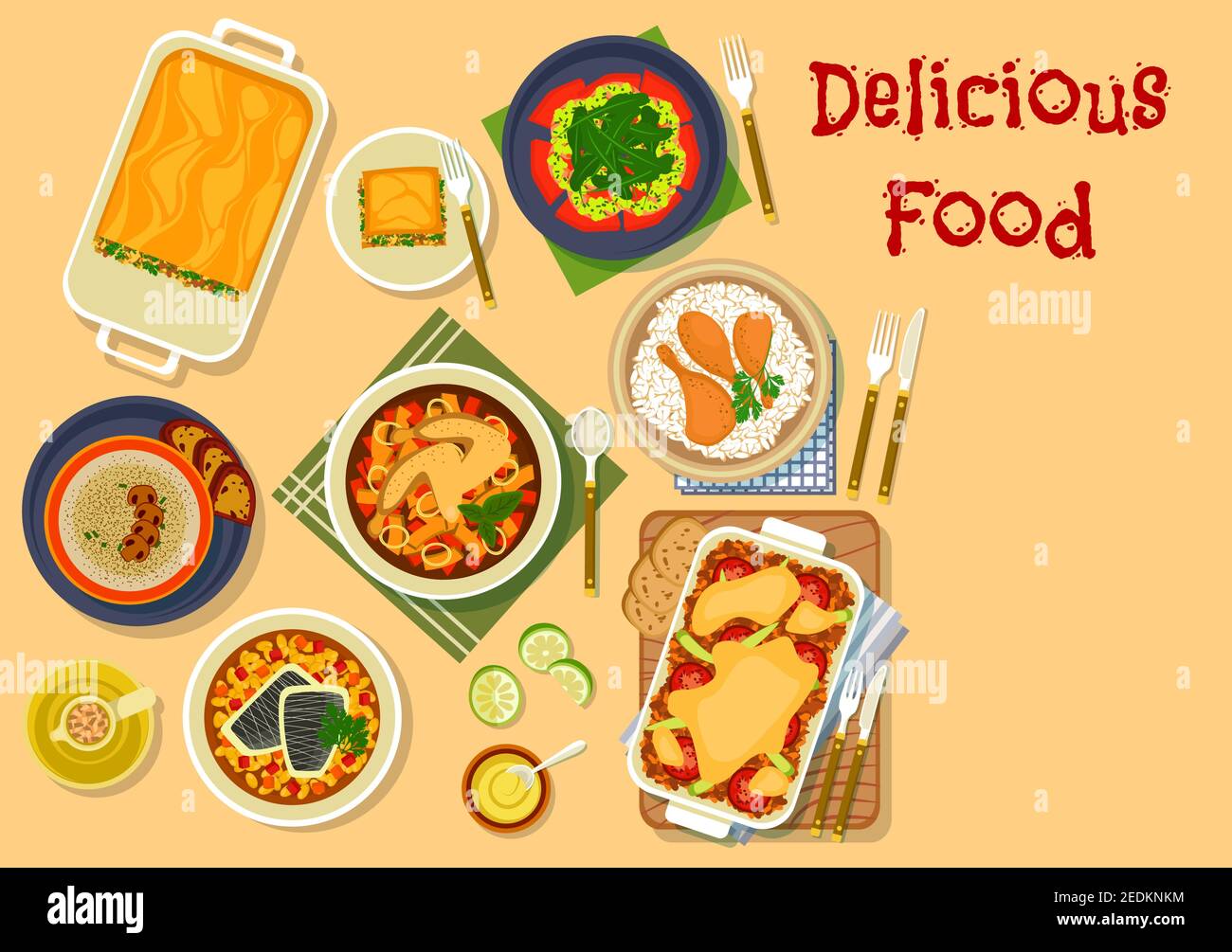 Dinner dishes icon with chicken in mustard sauce with rice, lasagna, meat casserole, mushroom cheese soup, chicken vegetable stew, shrimp and watermel Stock Vector
