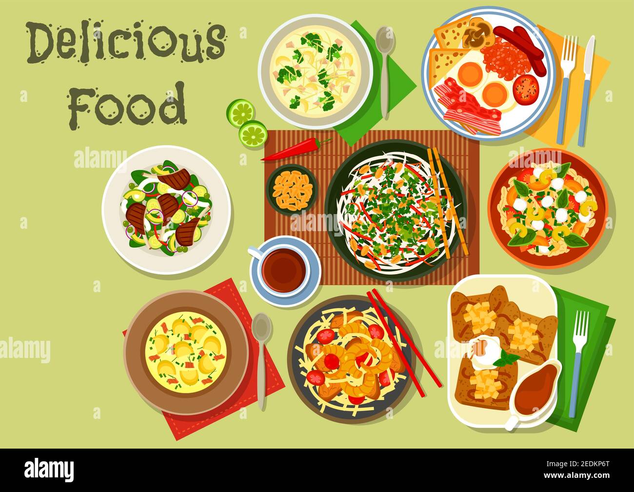 Breakfast food icon with british egg and bacon, french apple pancake, chinese pork shrimp noodle, thai squid salad, fish potato soup, bean stew, lamb Stock Vector