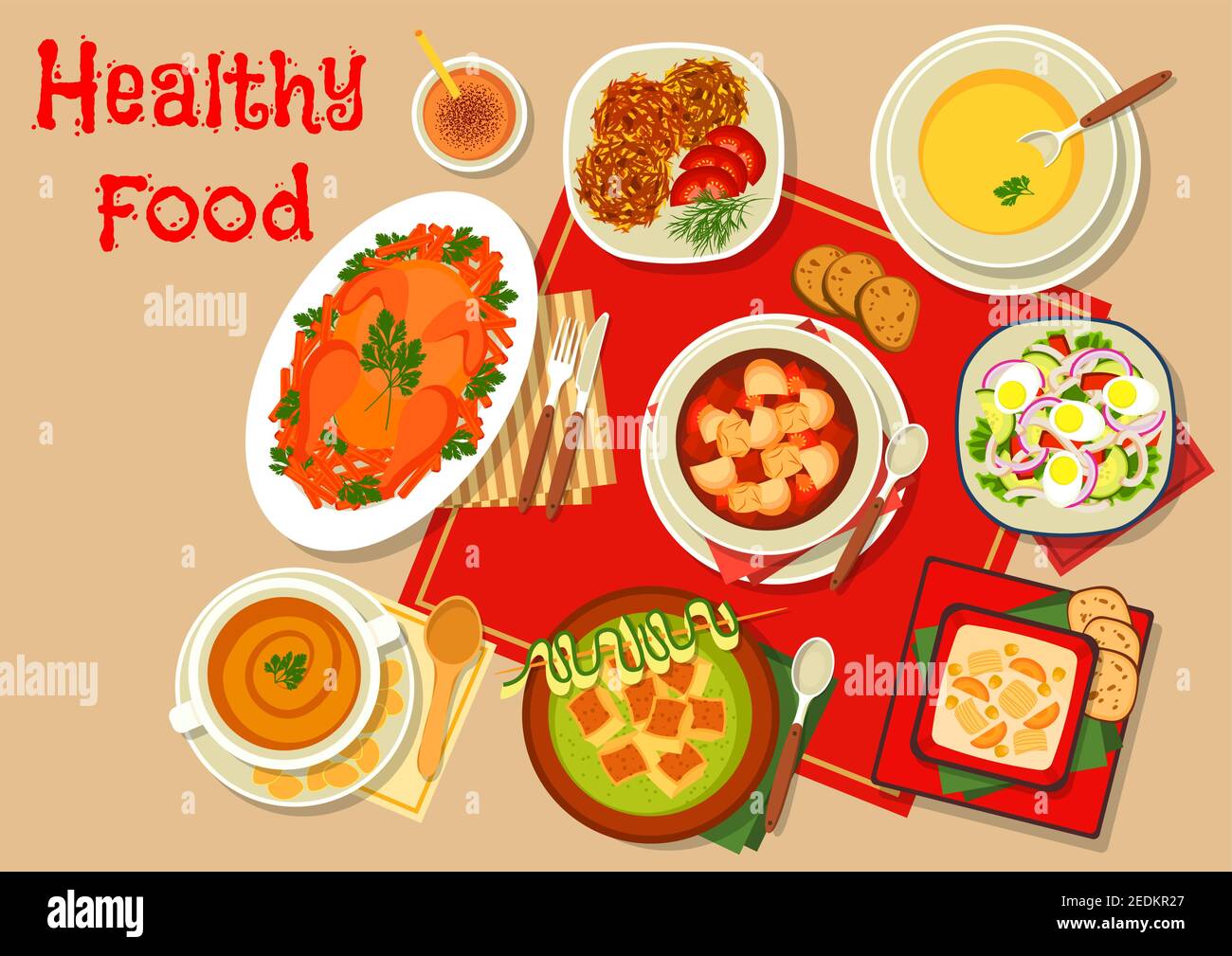 Main dishes of dinner menu icon with baked chicken, fish soup, pumpkin rice soup, zucchini soup with croutons, pumpkin chicken pancake, pea cream soup Stock Vector