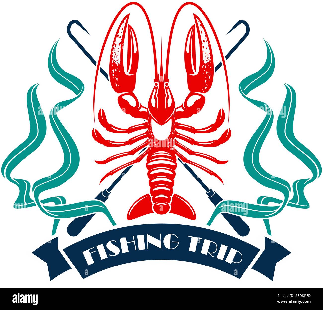 Fishing vector icon or emblem of lobster crayfish or crab seafood mollusk and seaweed, fish catch harpoon or spear tackle and ribbon for fishery, fish Stock Vector