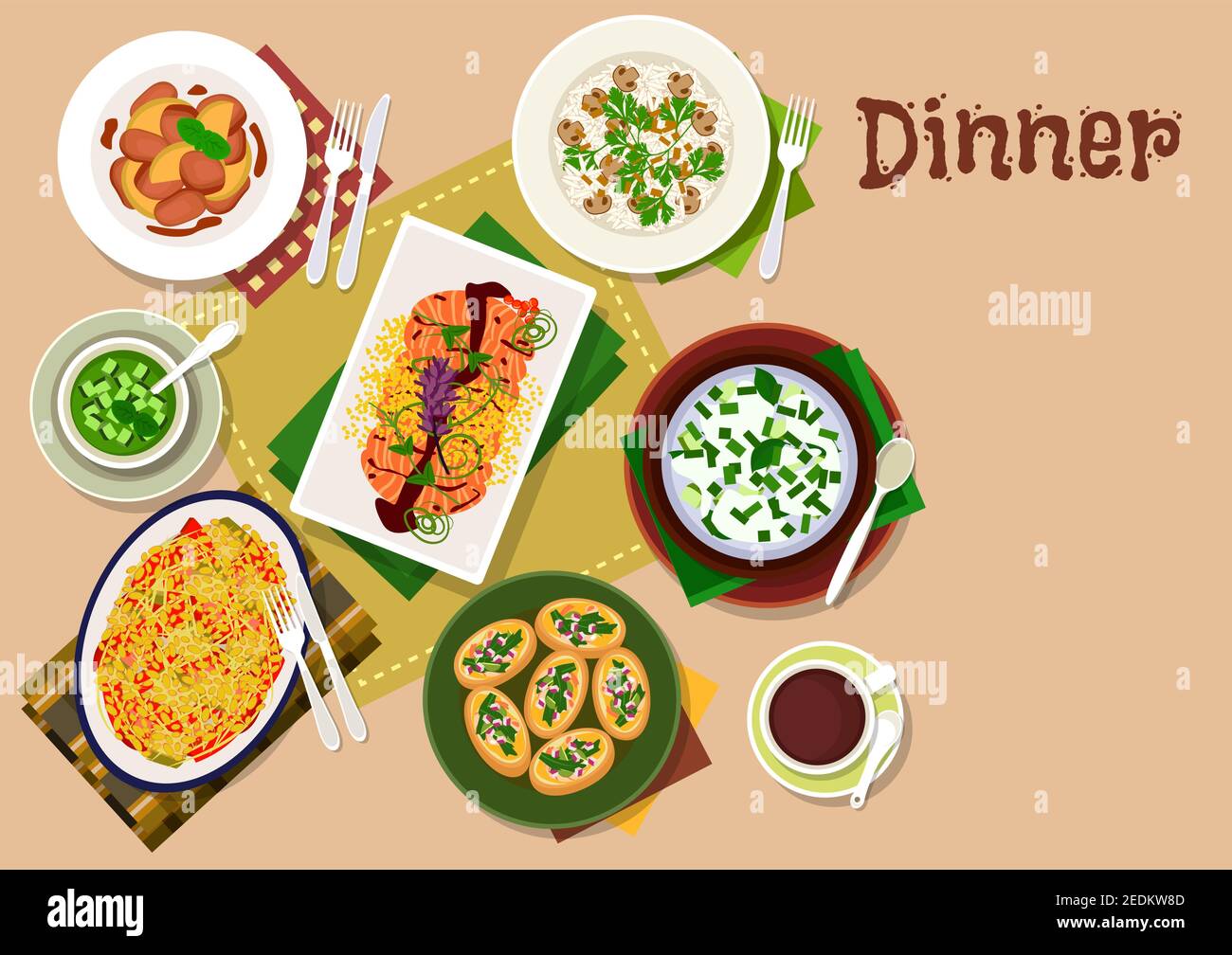 Festive dinner menu icon of chicken liver with apple and ginger sauce, mushroom rice, vegetable salad with salmon, pumpkin bruschetta, yogurt rice sou Stock Vector