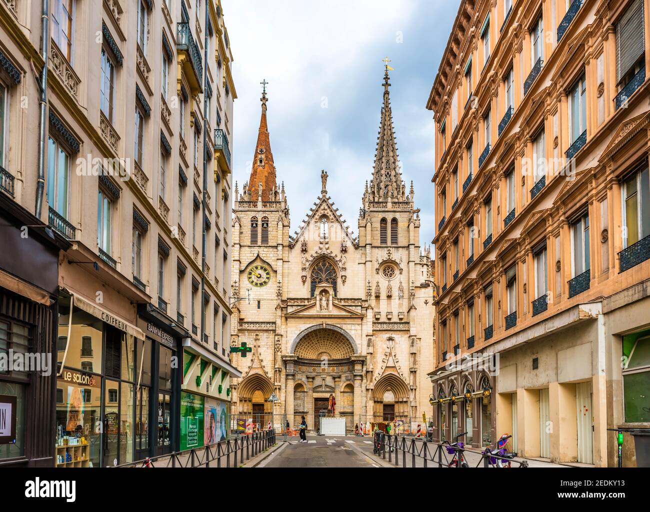 Rue des Bouquetiers and the Saint-Nizier church in Lyon in the Rhone, France Stock Photo