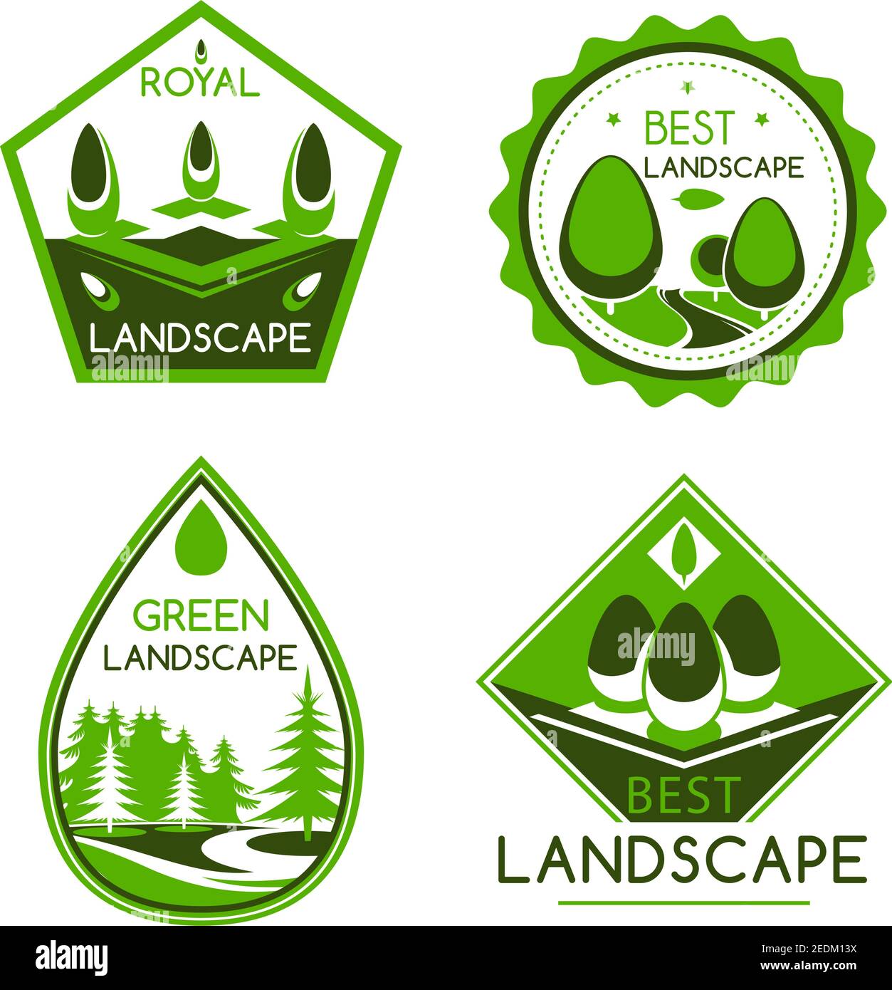 Landscape design service vector icons or emblems set. For home or garden green plants and trees architecture or environment build or horticulture and Stock Vector