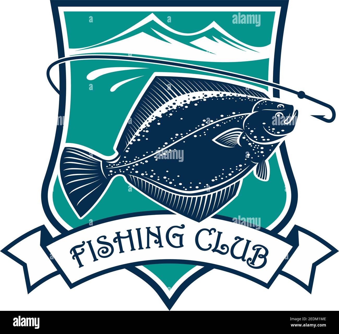 Fishing icon of flounder fish, fish-rod with bait, float and catch