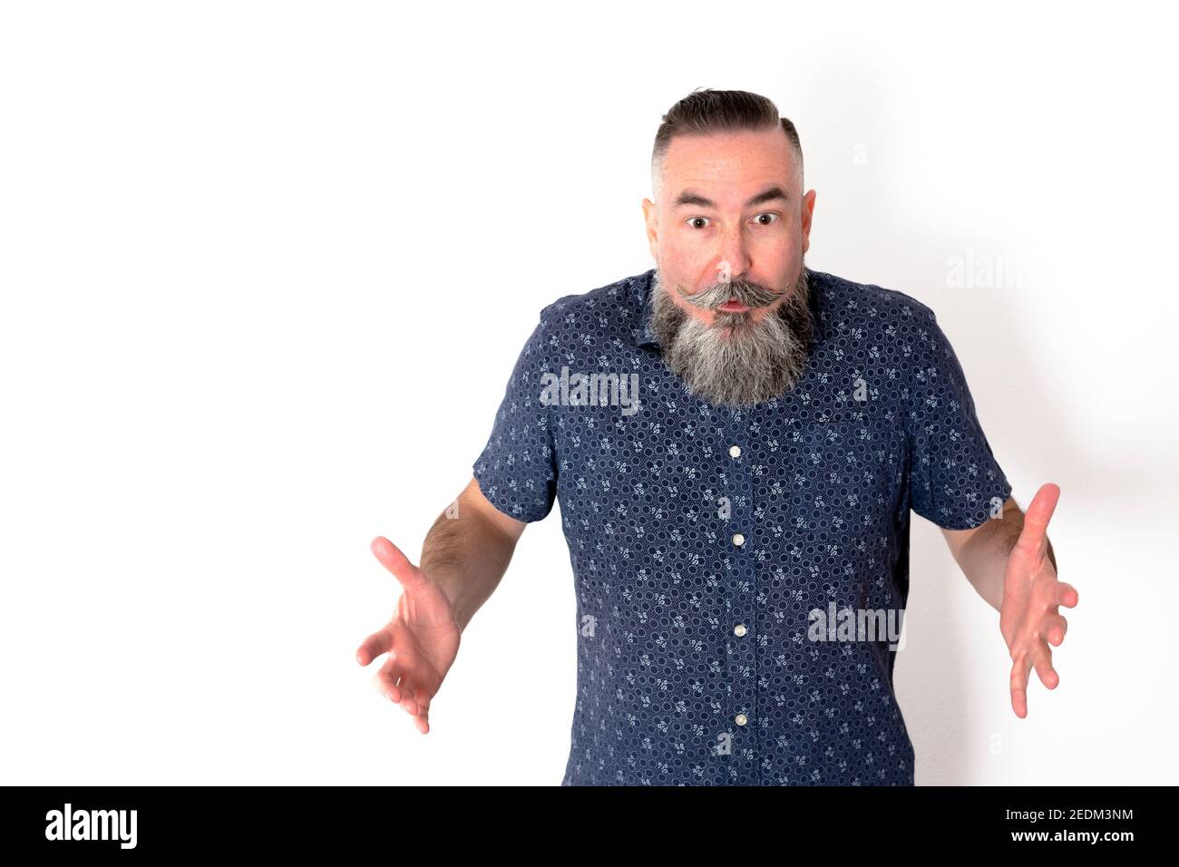 Caucasian man with a large gray beard 40-45 years old, on white background, with open arms and surprised expression Stock Photo