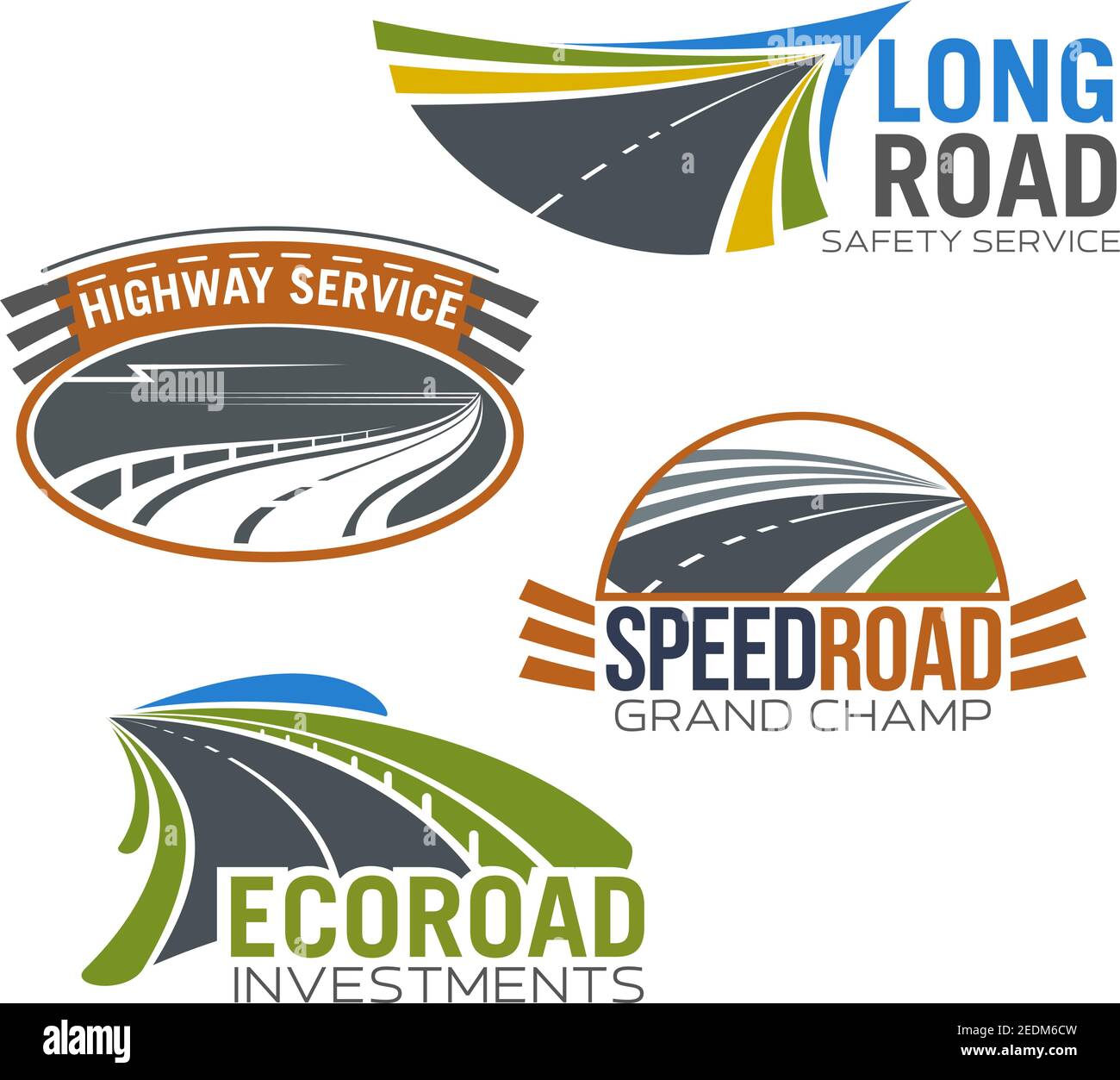 Roads and highways vector icons. Isolated emblems set for transportation route repair service, construction or investment company and speed car races Stock Vector