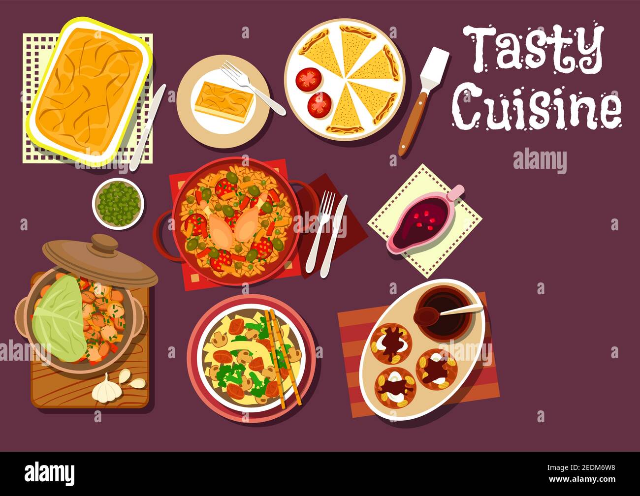 Mediterranean and chinese dinner icon with greek pie with cream, spanish pie empanadas, chinese beef noodle, vegetable lamb stew, pomegranate sauce, c Stock Vector
