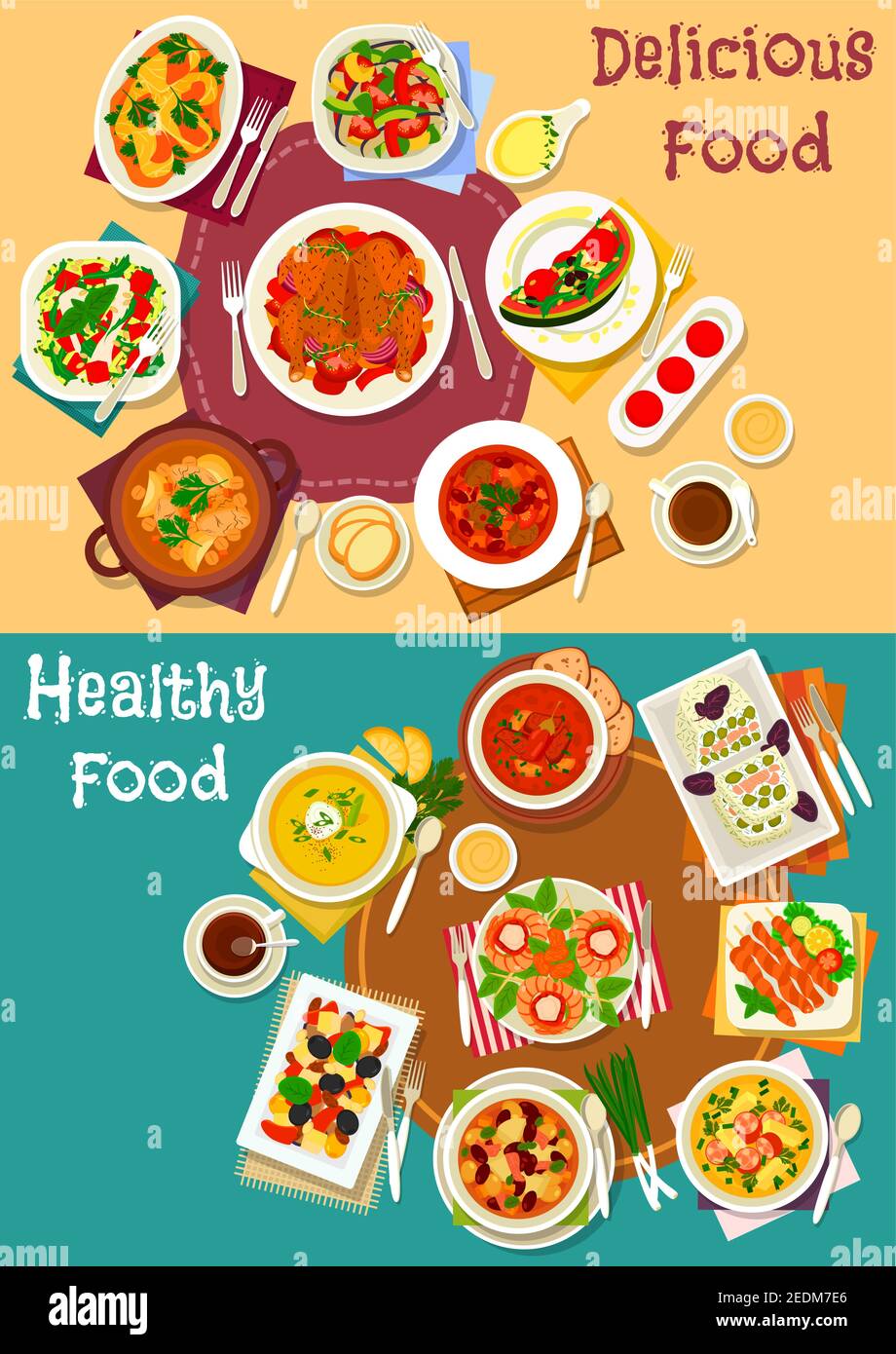 Popular dishes for dinner menu icon set with meat, bean, tomato, pea ...