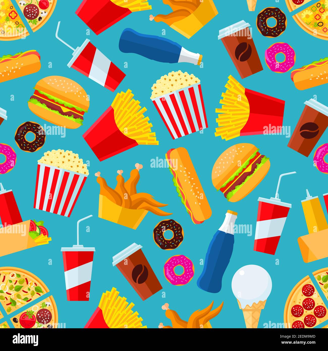 Fast food seamless pattern with vector snacks and drinks as pizza slice ...