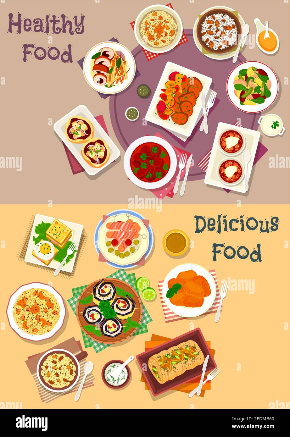 Dinner icon set with ham and egg sandwich, cheese pizza, sausage in bacon, vegetable fish salad, wheat and rice pudding with dried fruit and nut, bake Stock Vector