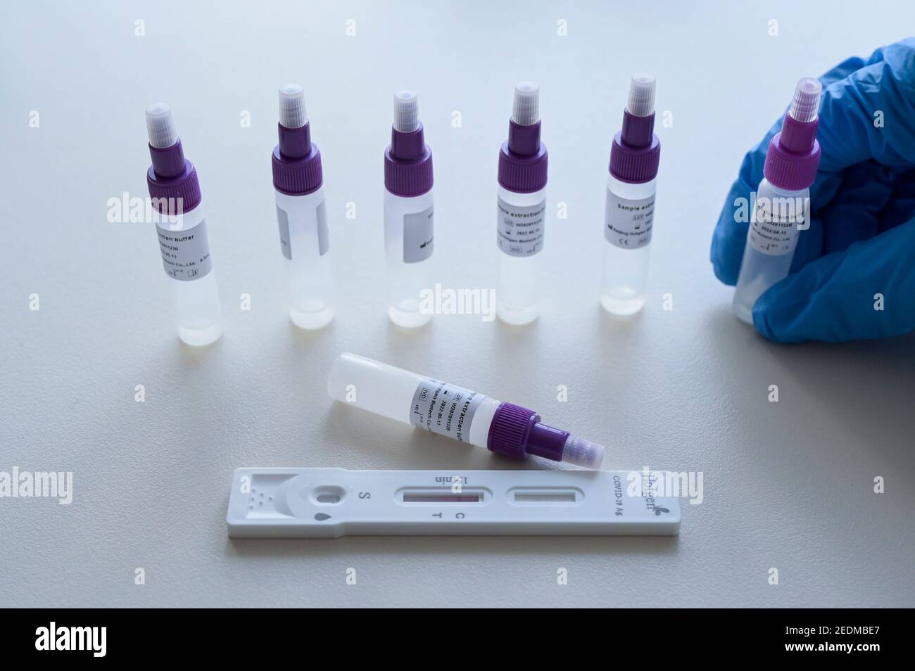 GERMANY, Hamburg, combat COVID 19, Corona Virus, fast testing for visitors in nursing home for old age people , antigen rapid test PoC-Antigen, Test kit of Chinese pharmaceutical company Beijing Hotgen Biotech Co. Stock Photo