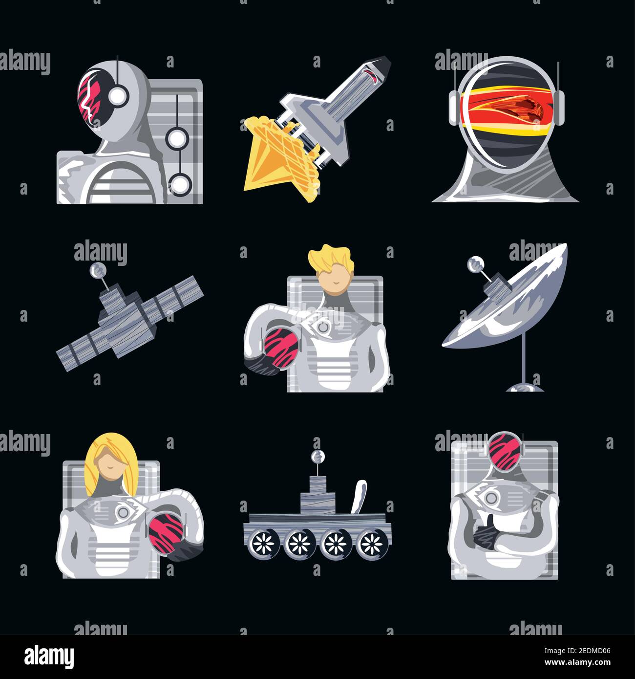 space icon set astronaut rover antenna satellite spaceship vector ...