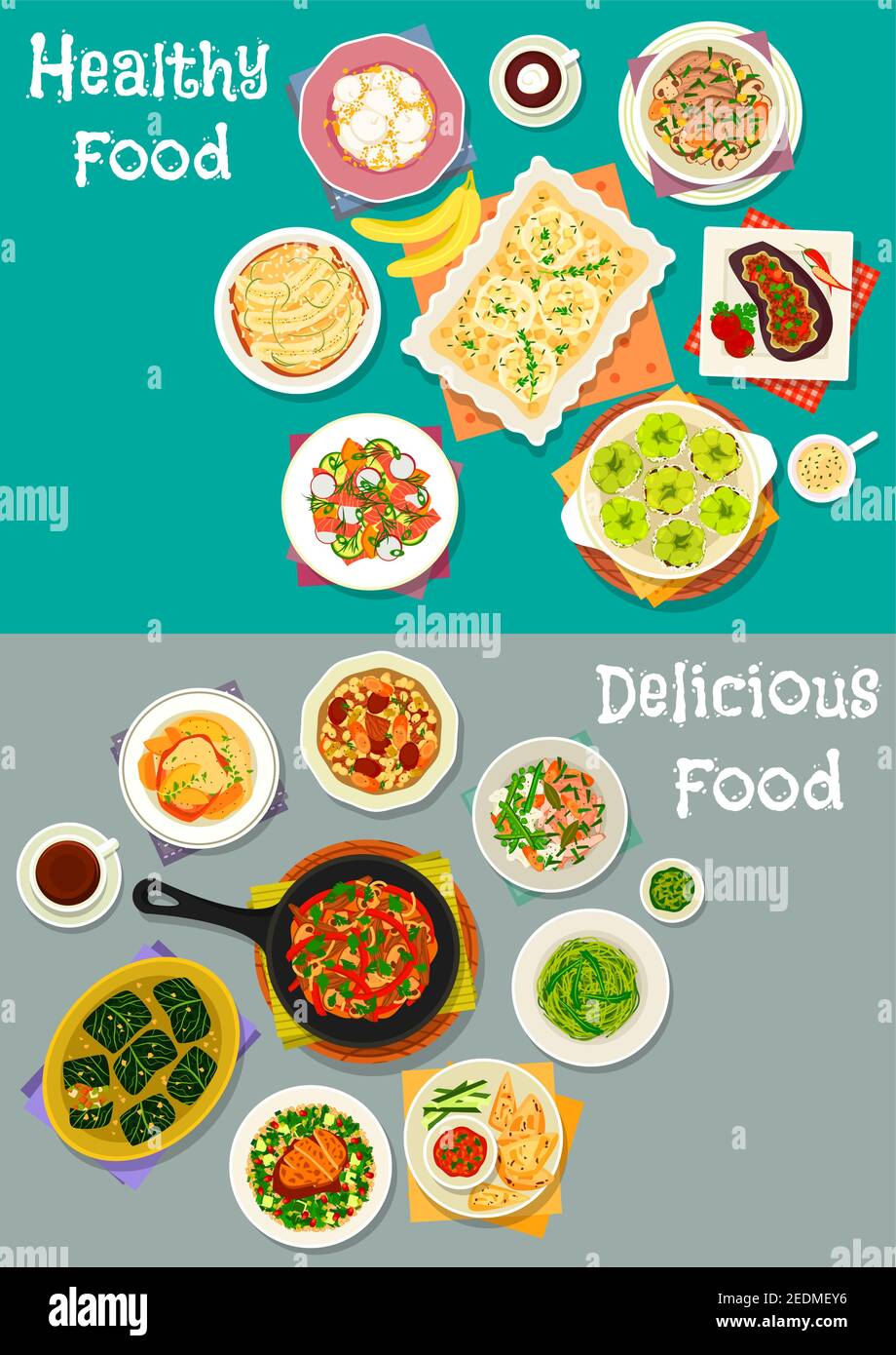 Dinner with healthy desserts icon set of meat and fish salads with vegetables, veggies meat stew with bean and mushroom, stuffed veggies, cream cheese Stock Vector