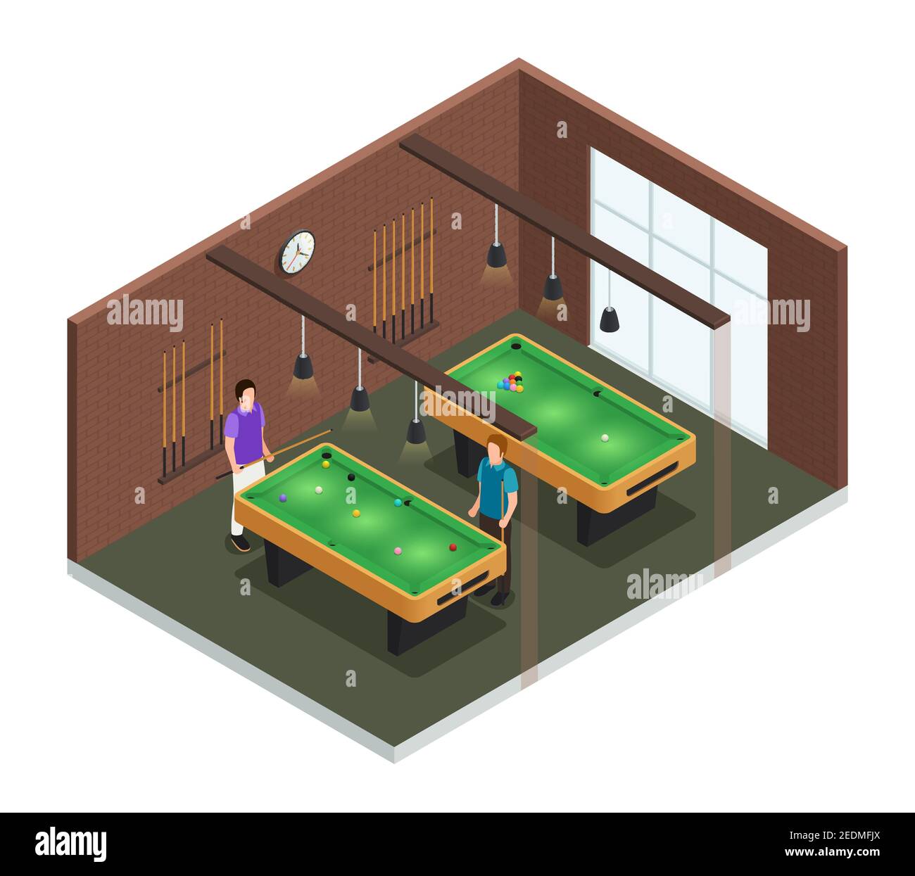 Colored 3d isometric game club interior composition room with pool table and players vector illustration Stock Vector