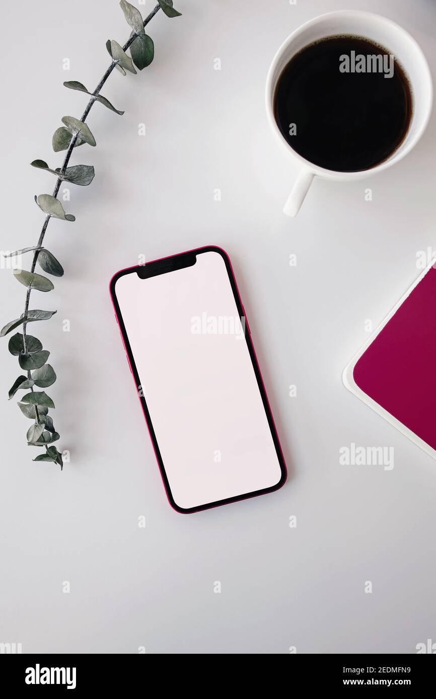 Smartphone, green eucalyptus branch and coffee on white table Stock Photo
