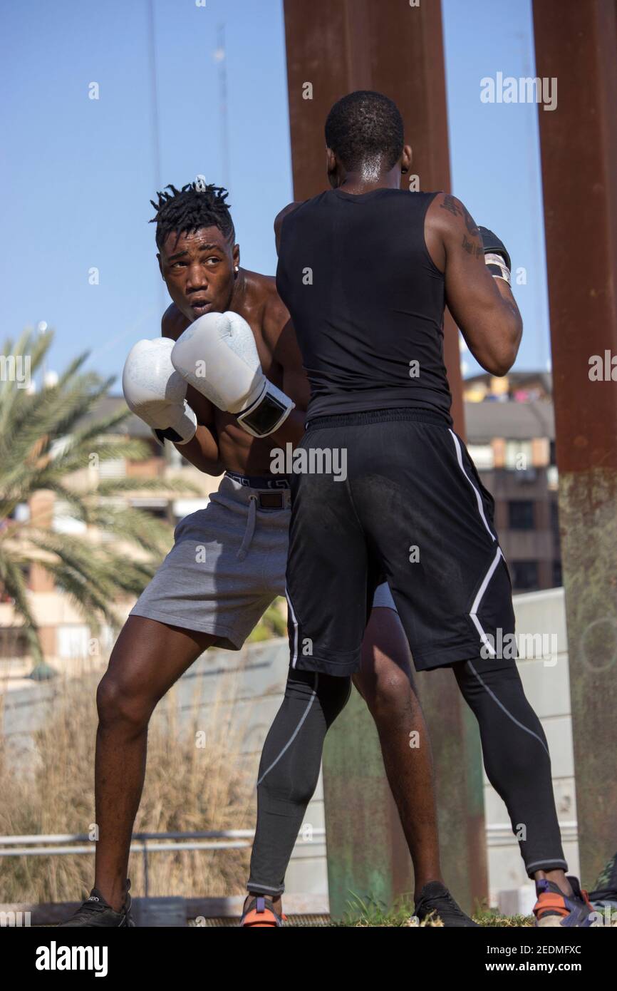 Professional black boxer trains black boxer beginner with boxing gloves an outdoor boxing class on a sunny day while they both sweat. Boxing Concept Stock Photo Alamy