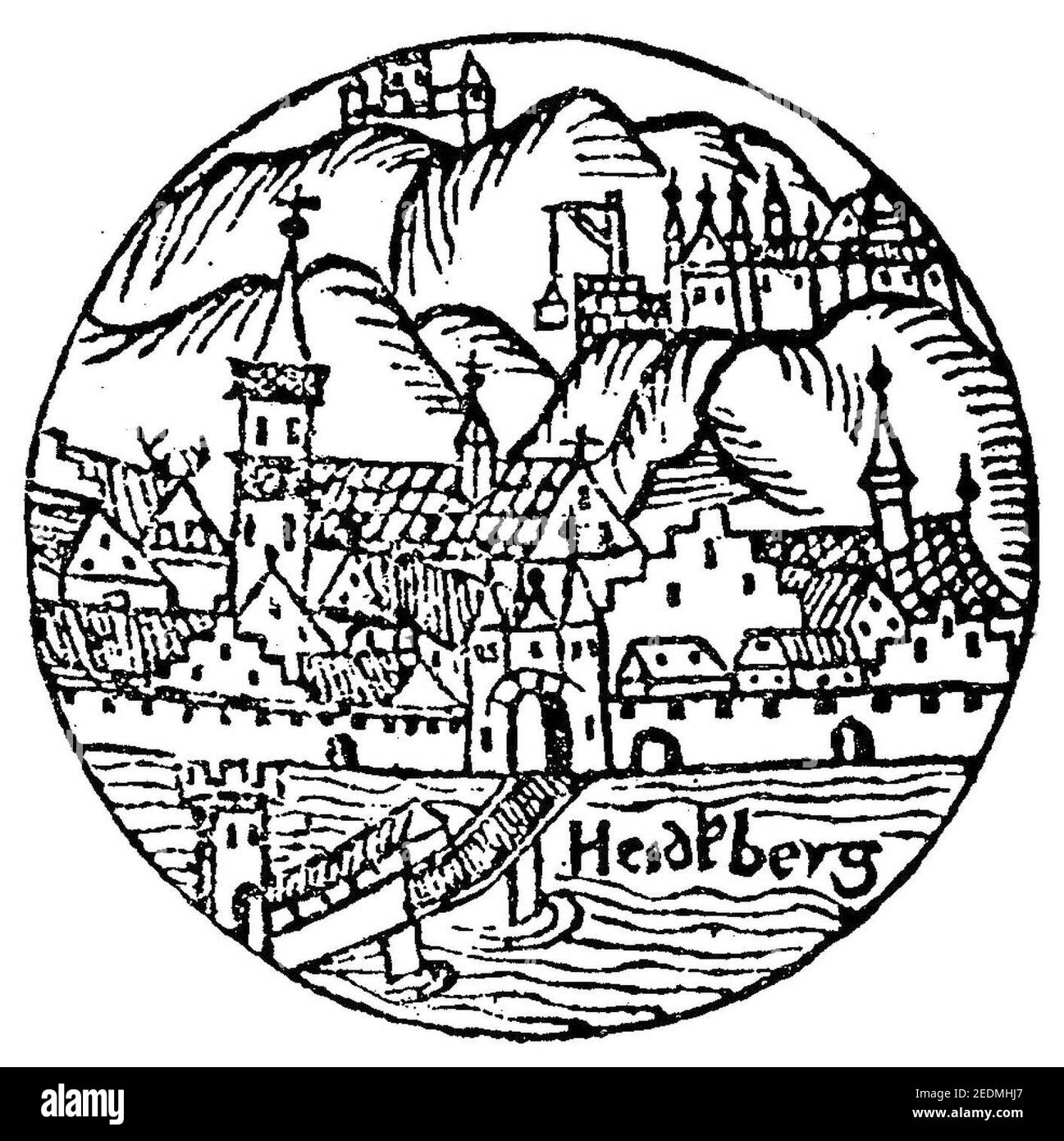 Obere Burg und Dicker Turm Heidelberger Schloss Sebastian Muenster Kalendarium Hebraicum 1527 (Ausschnitt). Stock Photo