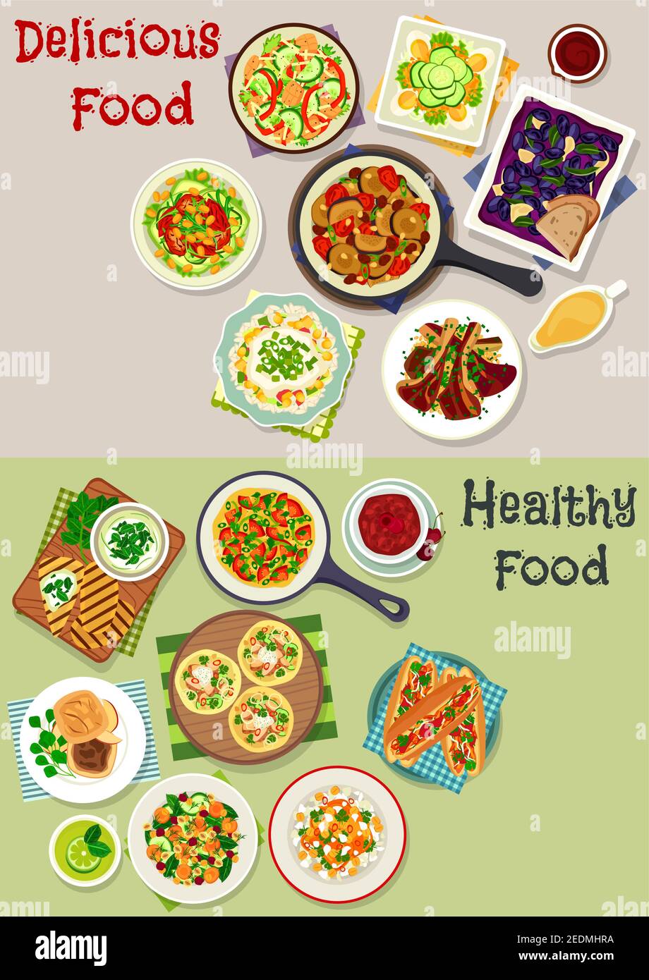 Tasty lunch icon set of vegetable salads with seafood, fruit and egg, salmon tacos, meat burgers, lamb with rice, vegetable stew, yogurt sauce, tomato Stock Vector