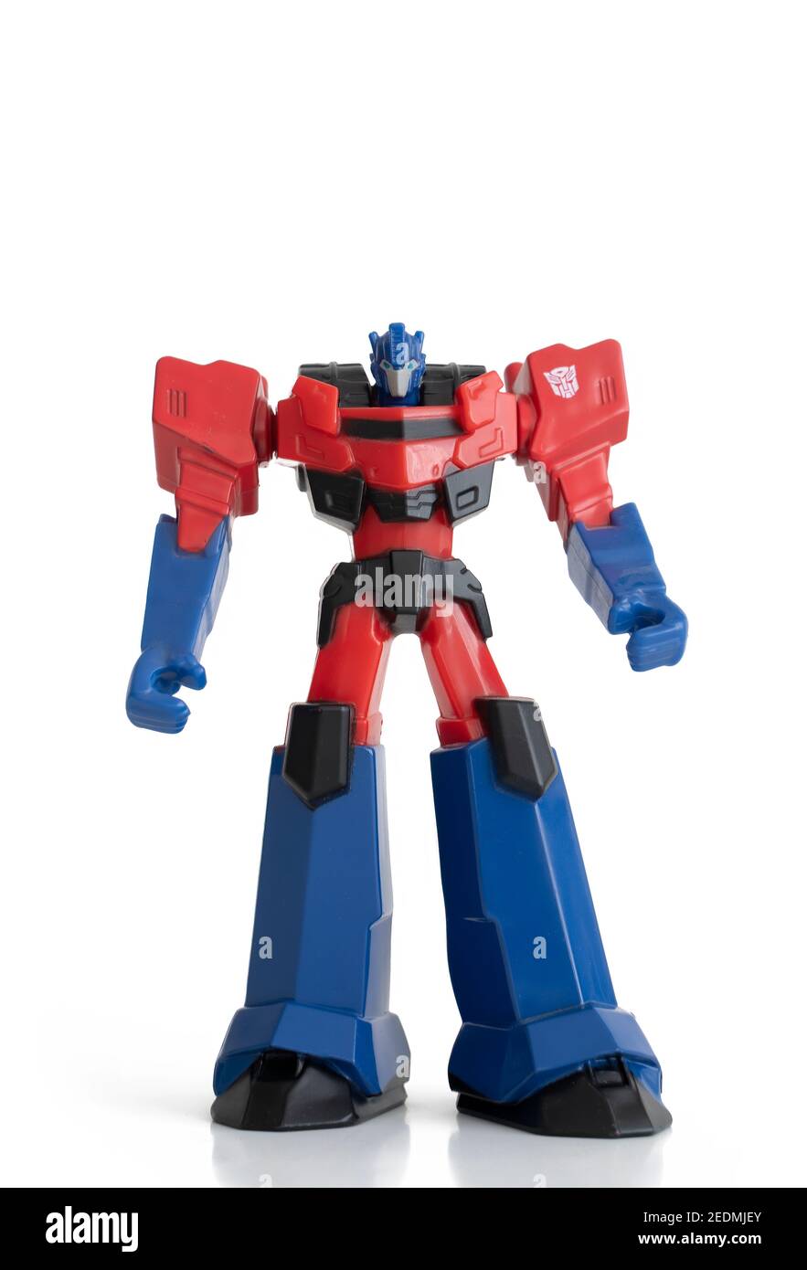 Optimus Prime collectable toy figure from Transformers franchise, an American and Japanese media franchise produced by Hasbro and Takara Tomy. Stock Photo