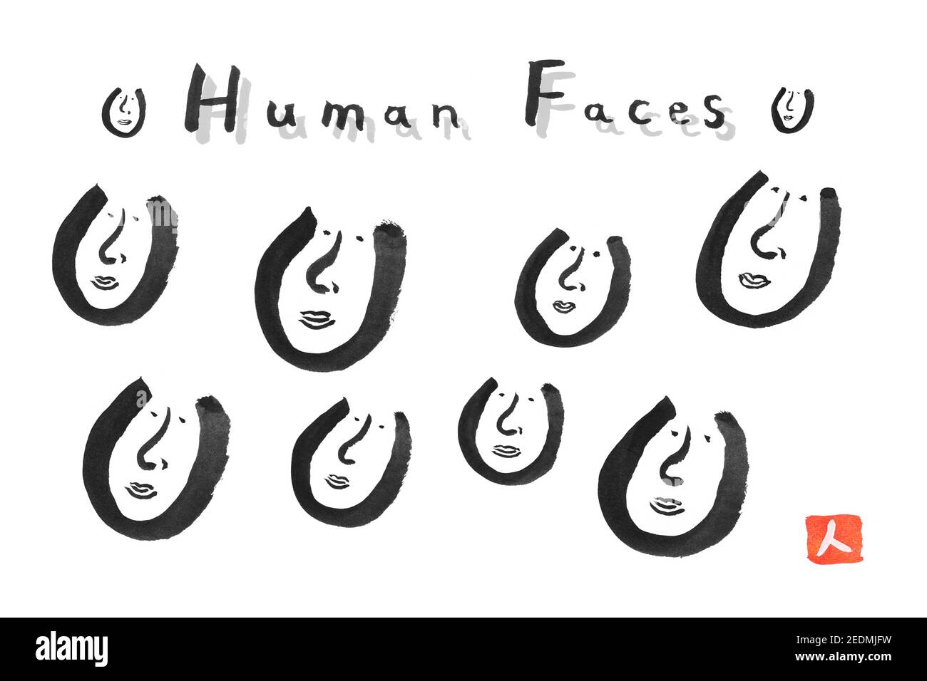human face icon set, natural black ink line art, illustration, sumi