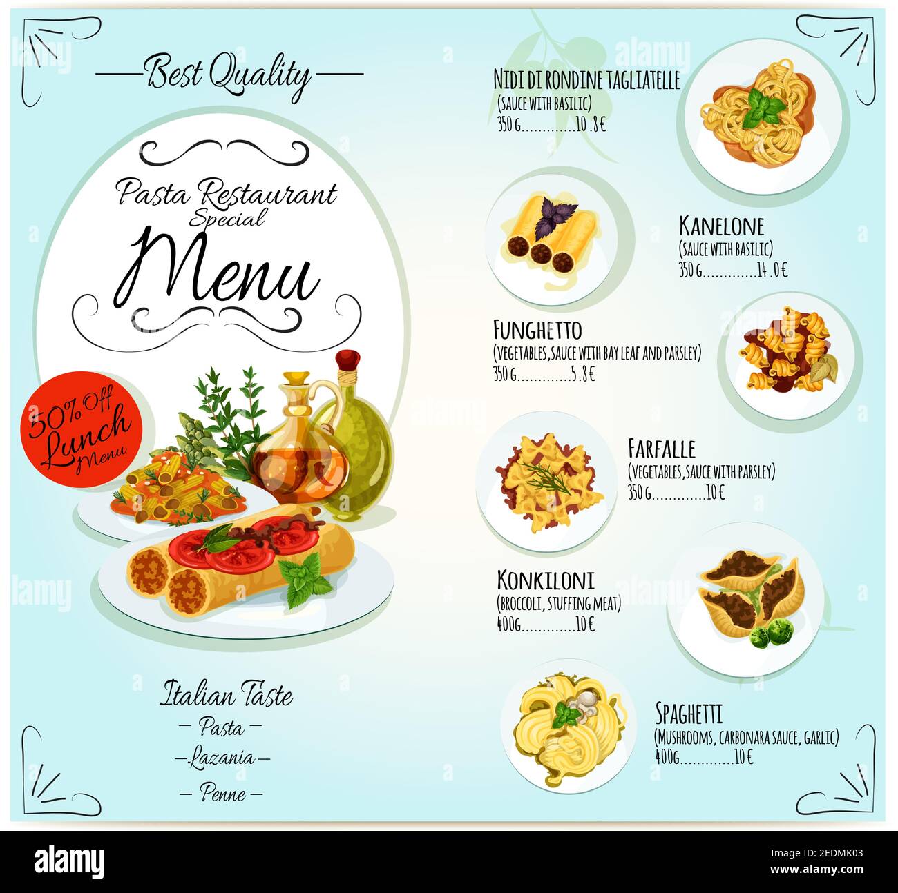 Italian pasta restaurant menu template design. Spaghetti, penne and