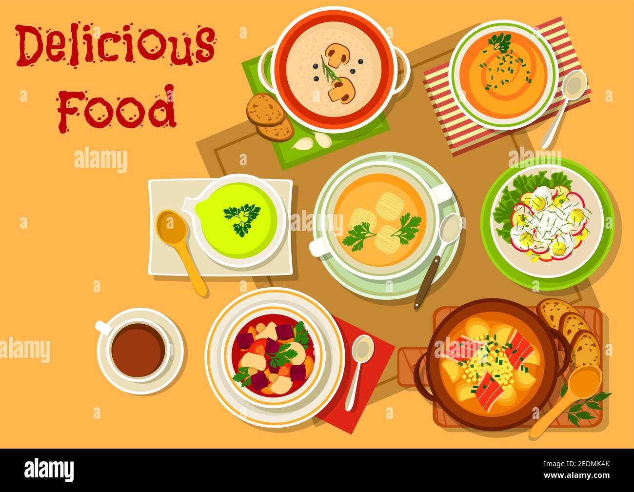 Popular soup menu icon with mushroom cream soup, egg vegetable salad, fish soup, french cheese soup, mushroom beet soup, spanish garlic soup, lentil h Stock Vector