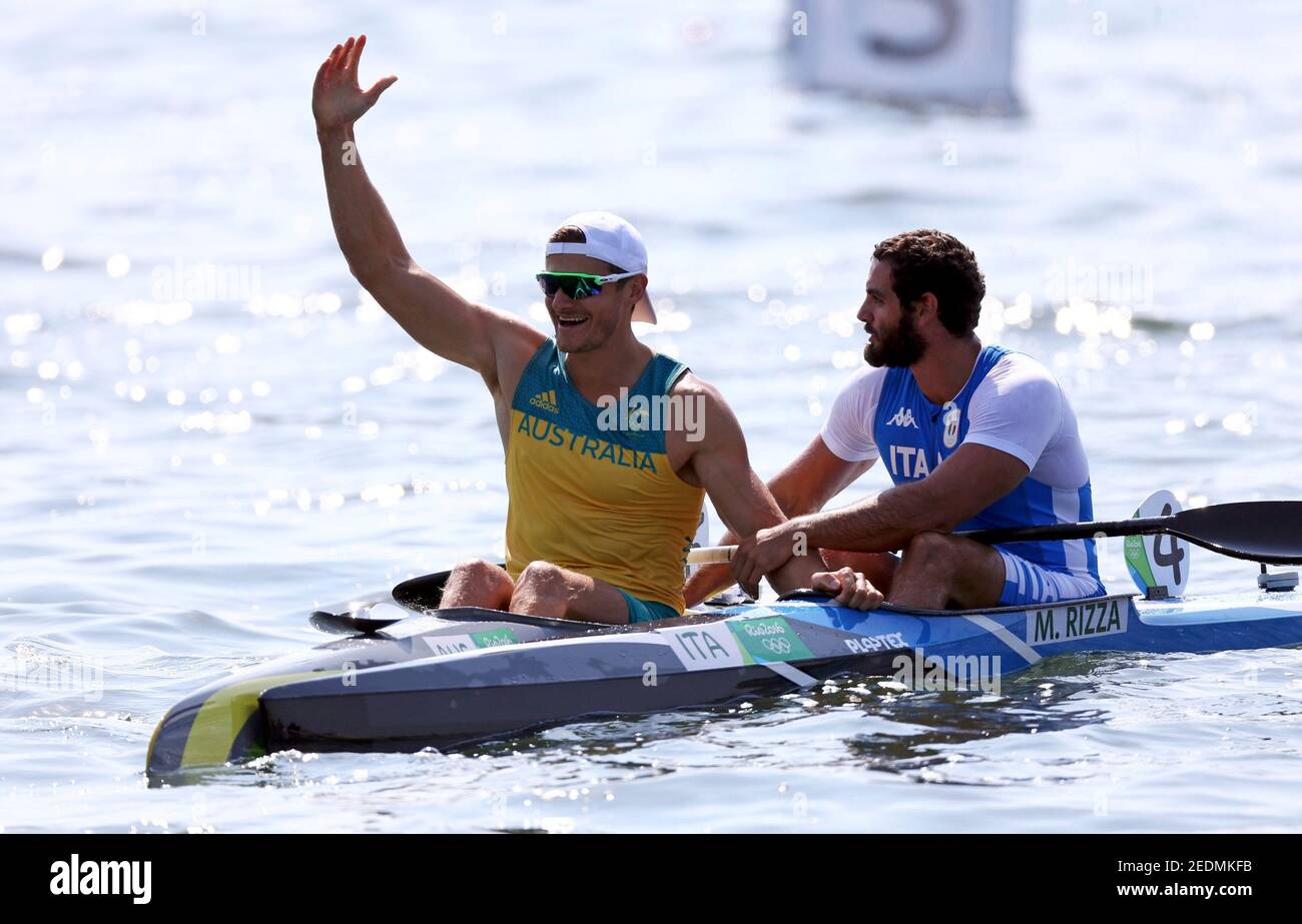 2016 Rio Olympics - Canoe Sprint - Semifinal - Men's Kayak Single (K1) 200m - Semifinal 1/2 - Lagoa Stadium - Rio de Janeiro, Brazil - 19/08/2016. Steve Bird (AUS) of Australia and Manfredi Rizza (ITA) of Italy after competing.   REUTERS/Marcos Brindicci  FOR EDITORIAL USE ONLY. NOT FOR SALE FOR MARKETING OR ADVERTISING CAMPAIGNS.     Picture Supplied by Action Images Stock Photo