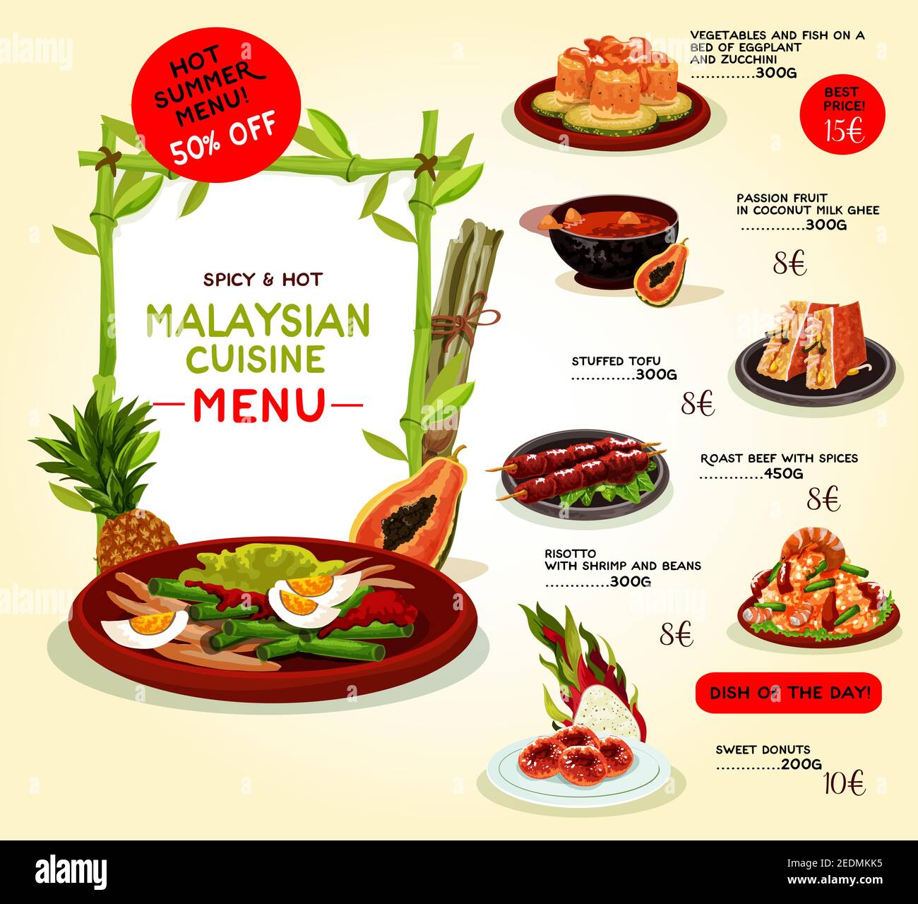 Malaysian cuisine restaurant menu template. Asian food special offer with grilled beef, seafood risotto, baked fish with vegetables, tropical fruit de Stock Vector