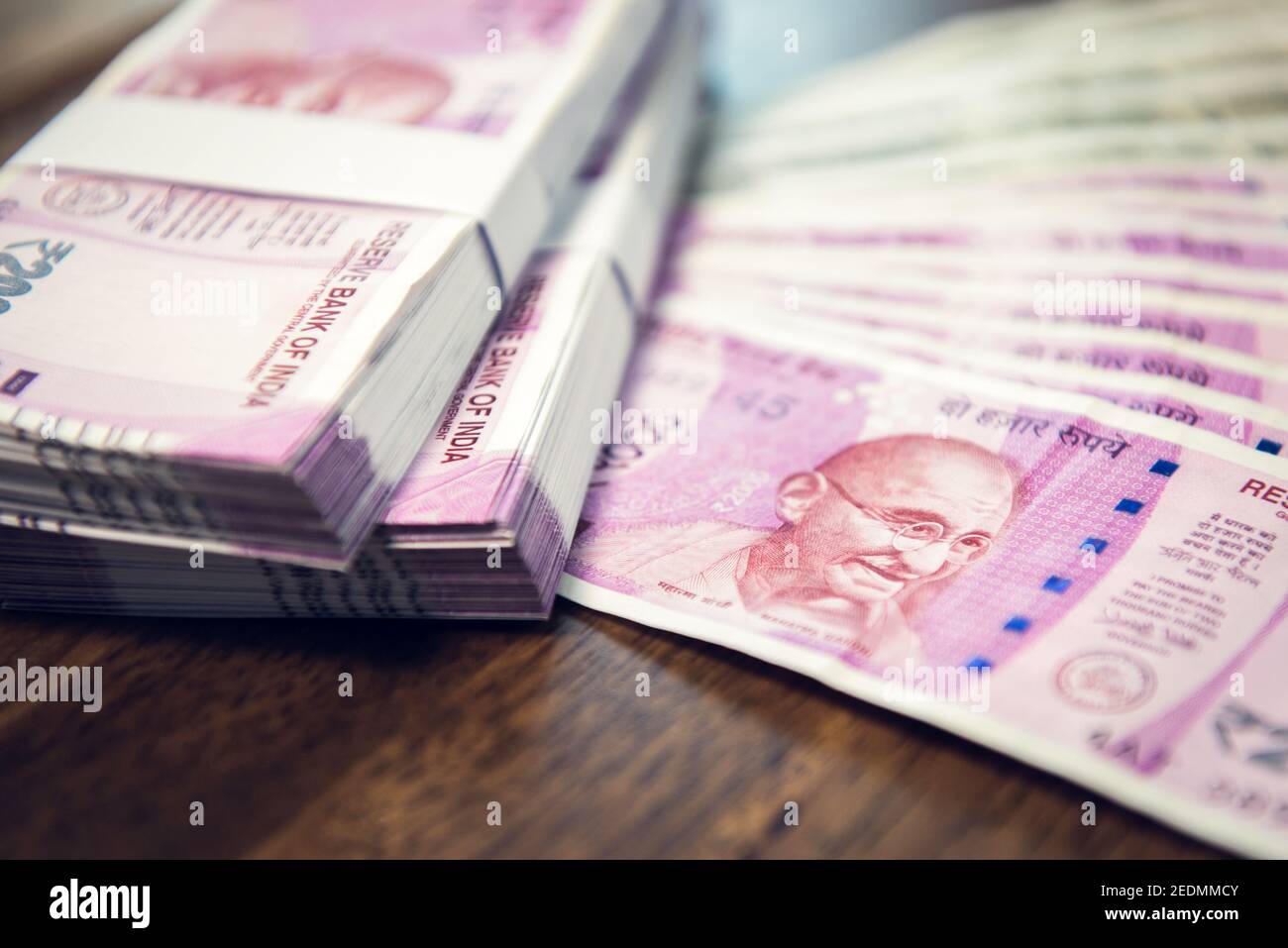 Indian Rupee money stacks and banknotes on the table , closed up shot Stock Photo