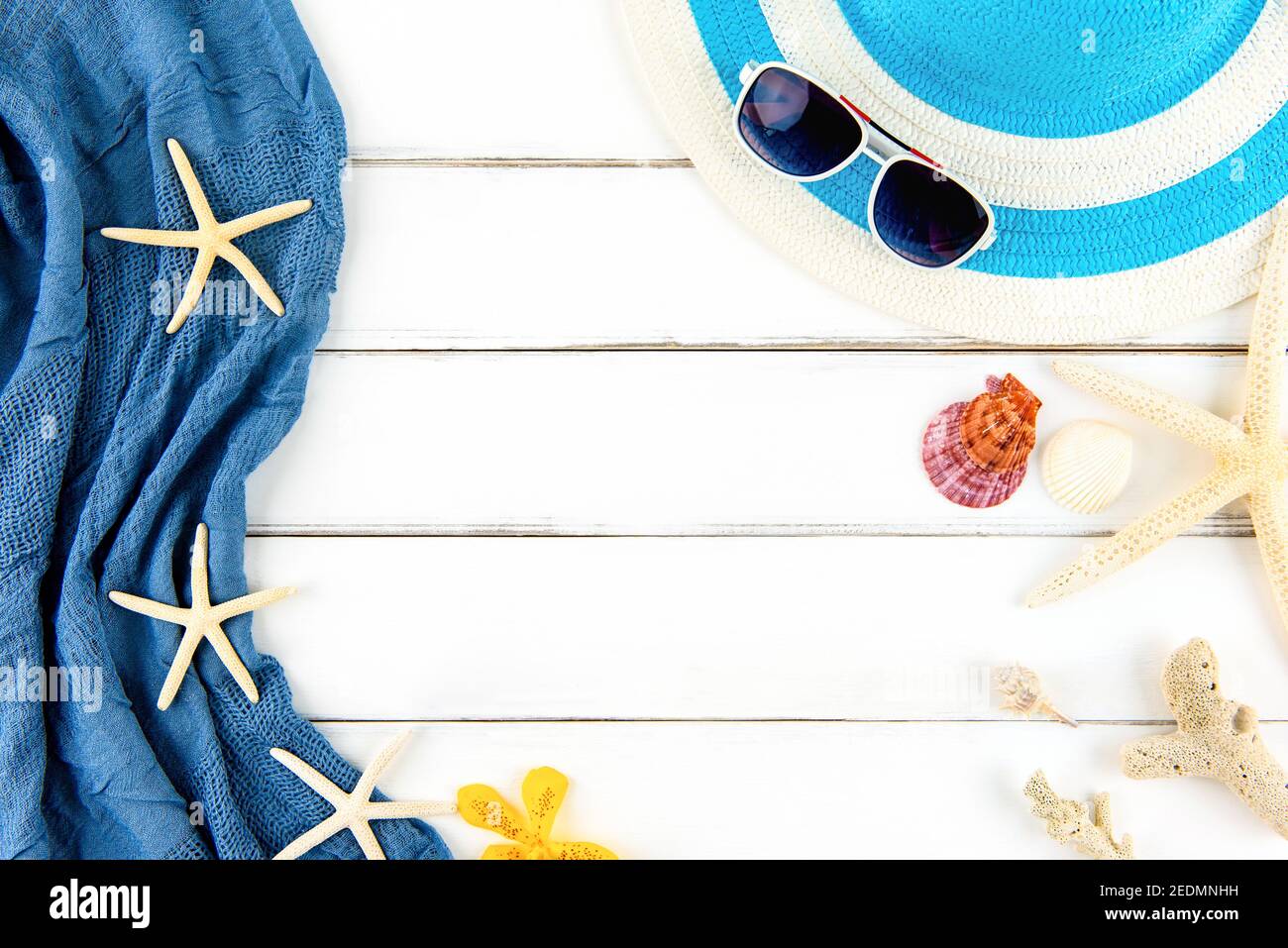 Beautiful summer holiday beach background with accessories and shells ...