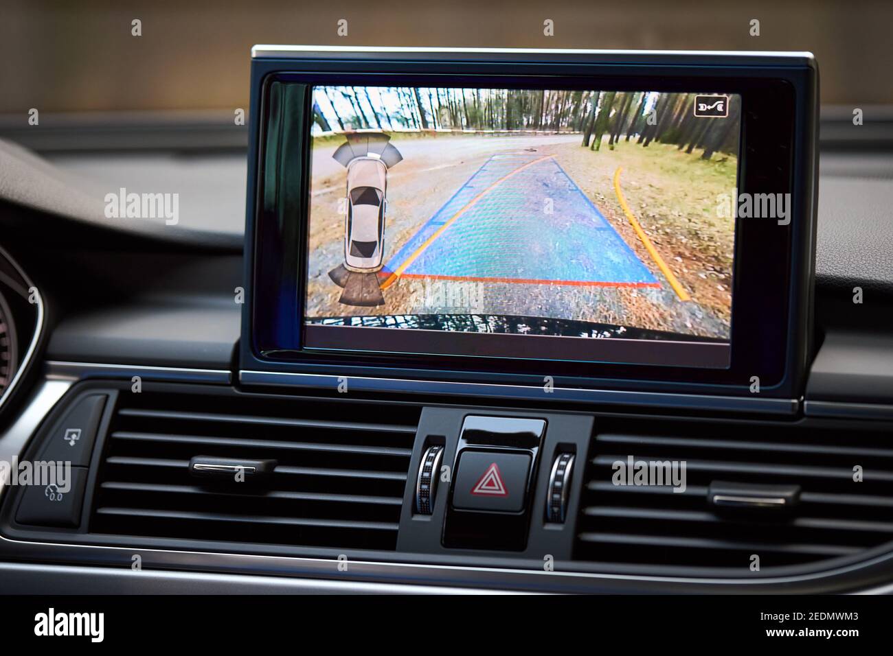 Premium car with rear view camera dynamic trajectory turning lines and