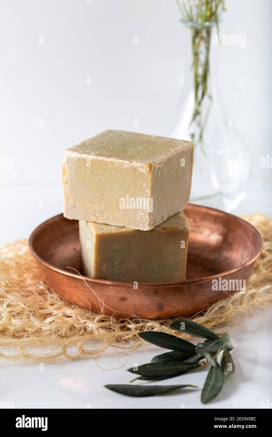Olive oil based handcut soap on white background Stock Photo Alamy