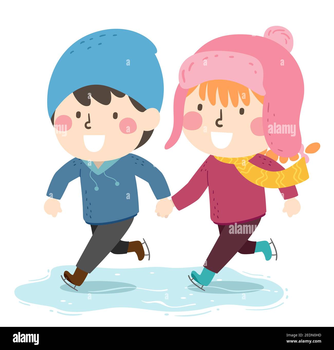 Illustration of Kids Holding Hands and Ice Skating During Winter Stock Photo