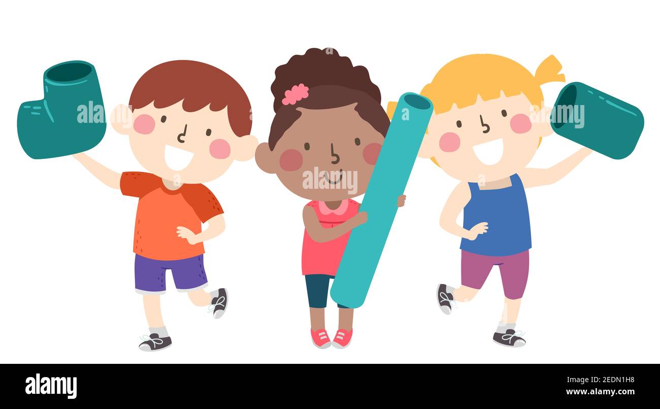 Illustration of Kids Holding Big Pieces of Water Pipe Toys to Connect Together Stock Photo