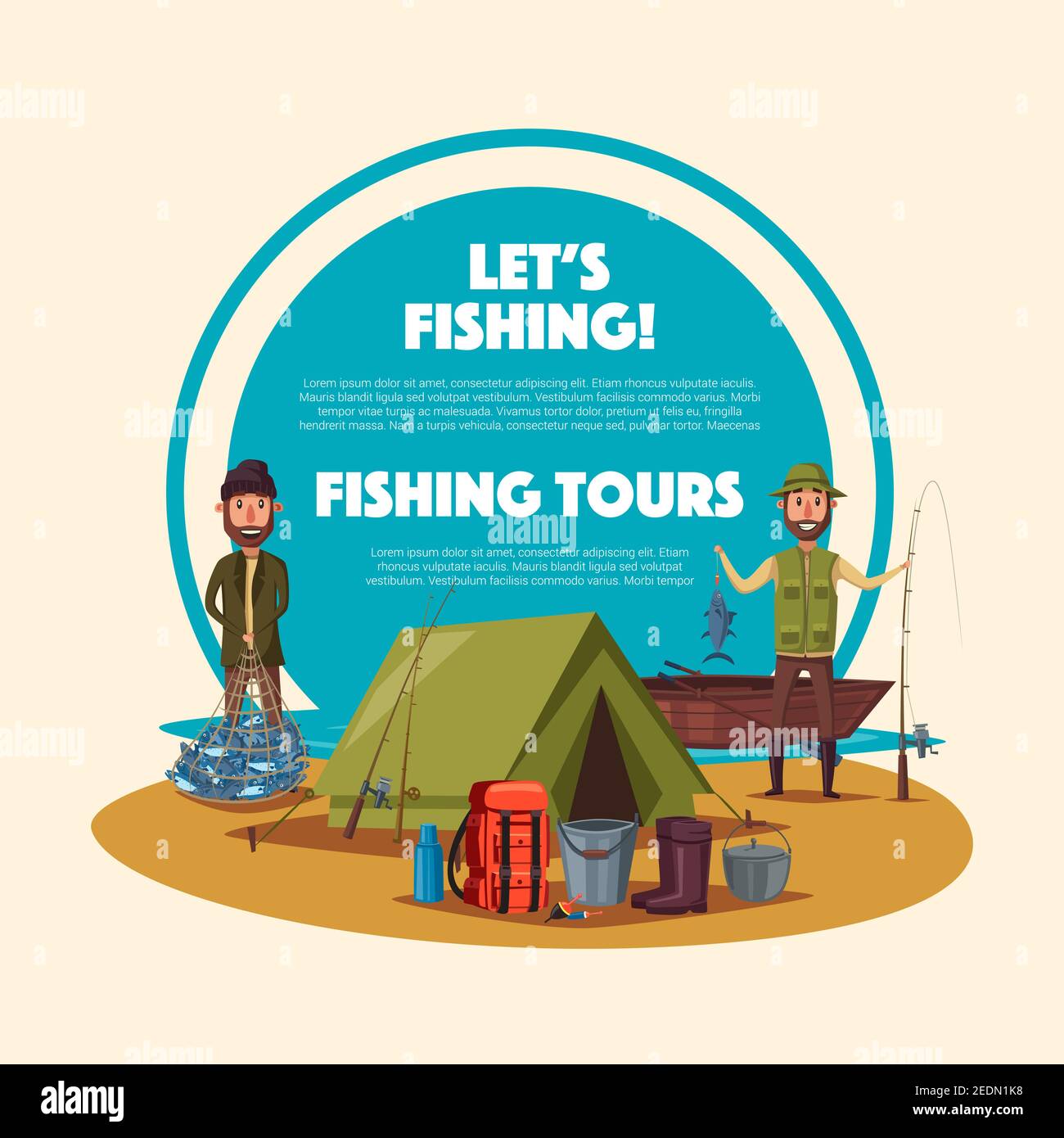 Fishing tour cartoon poster. Fishermen are standing with trophy fish near  fishing camp with boat, fishing rod, tent, backpack, campfire pot, boots  and Stock Vector Image & Art - Alamy