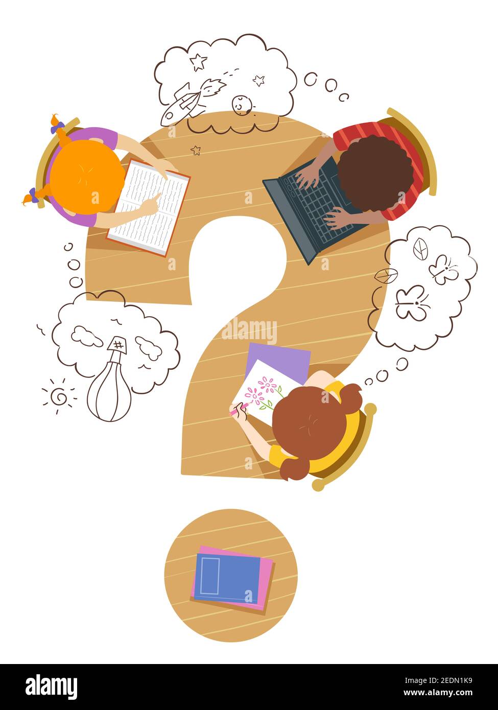 Illustration of Kids with Thinking Clouds as their Imagination Working on a Question Mark Table Stock Photo