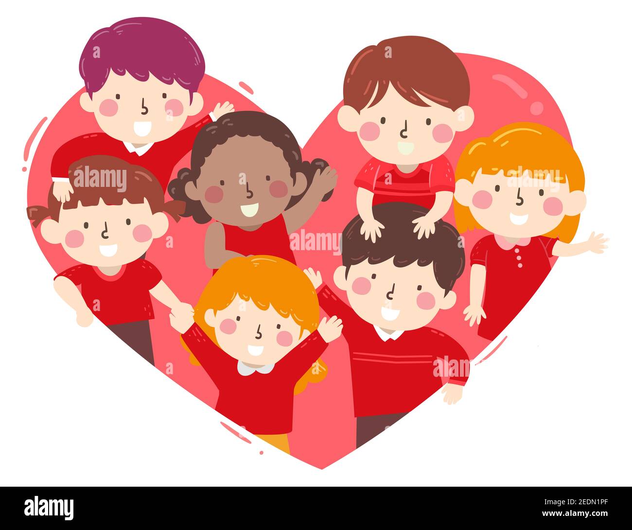 Illustration of a Team of Kids Wearing Red Shirt Waving from Inside a