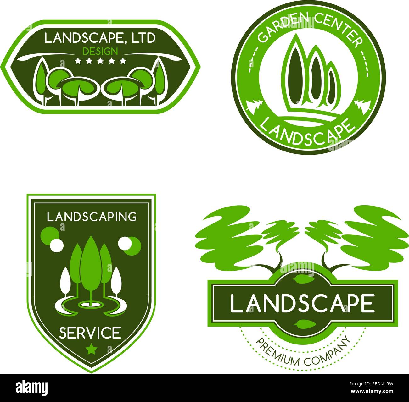 Landscape design label set. Landscaping and gardening services badges with green trees and leaves. Landscape architecture, garden center and landscape Stock Vector