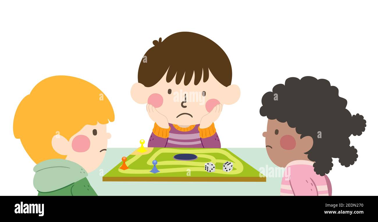 Illustration of Kids Playing a Board Game and Feeling Bored Stock Photo