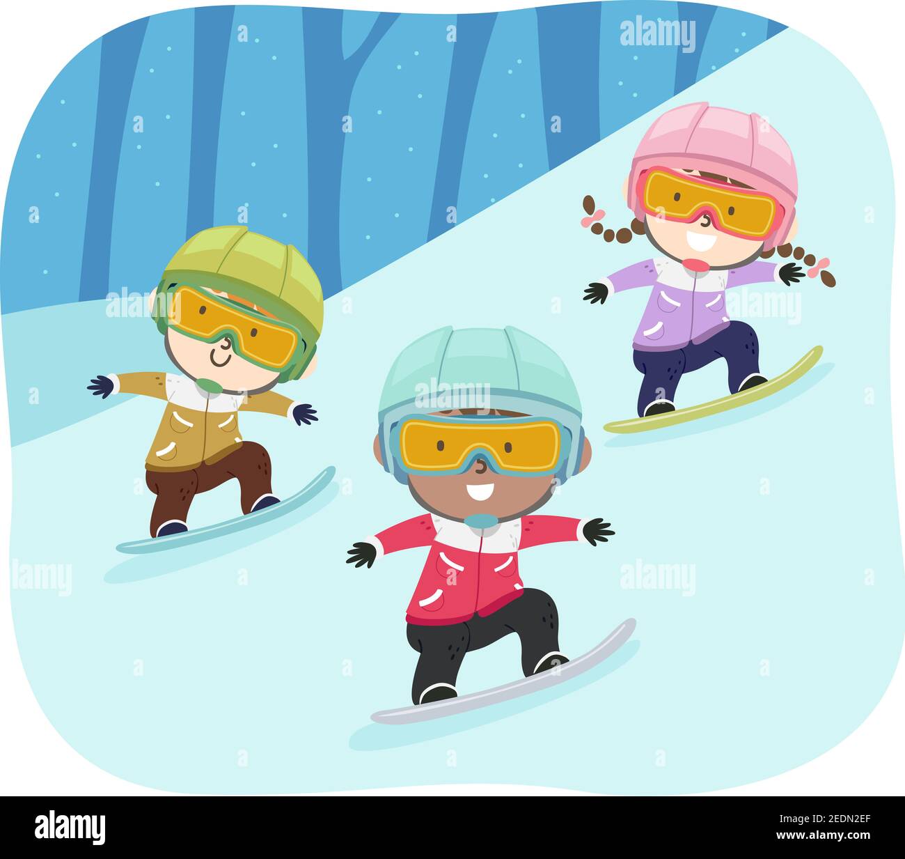 Illustration of Kids Snowboarding Wearing Goggles and Helmet Stock